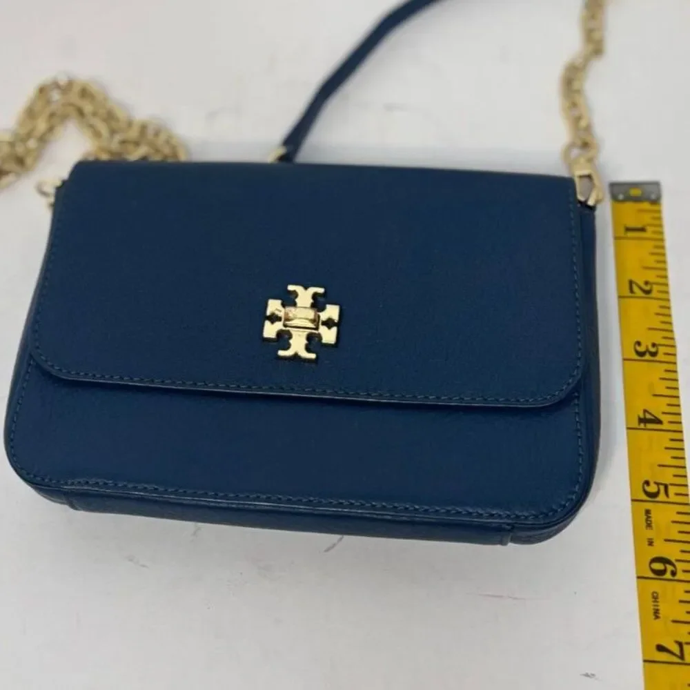Tory Burch Navy Blue Crossbody Bag Gold Chain Logo Leather